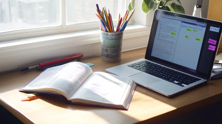 A tidy desk with an open weekly planner, notebook and laptop ready for daily task planning