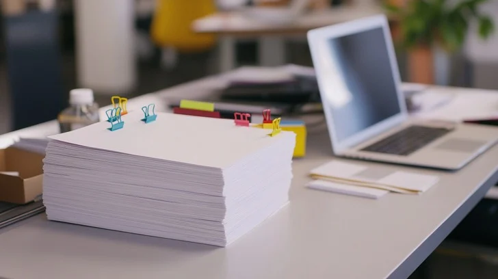 An organised desk with a habit tracker, sticky notes and a tidy shelf for personal organisation